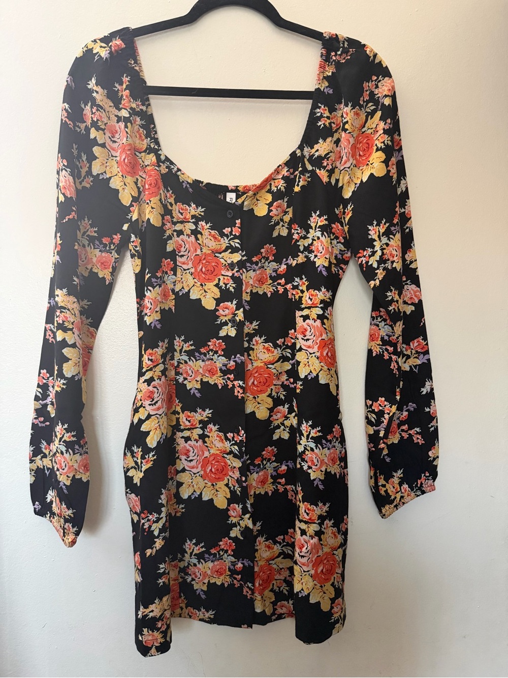 RVCA Floral Mini Dress Small Black Rose Print Button Front Boho Cottagecore - Picture 3 of 7